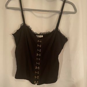 Free people for the boys cami, medium, black corset eye hook top, frill detail